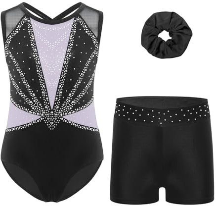 Jugaoge Flicka ärmlös gymnastikdräkt gymnastikdräkt nät skarvning balettdräkt glitter dansbody sport shorts korta byxor hårsnodd 3 st dansoutfit, Ljuslila, 134-140