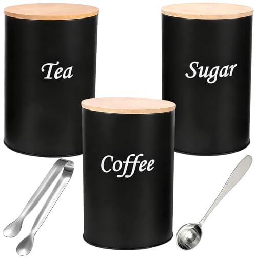 Houbobo Tea Coffee Sugar Canisters Set, 3-Piece Airtight Metal Food Storage Tins with 5ml Spoon and Sugar Tongs, Canisters Set with Wooden Lids for Kitchen Counter Organization (Black, 15cm H)
