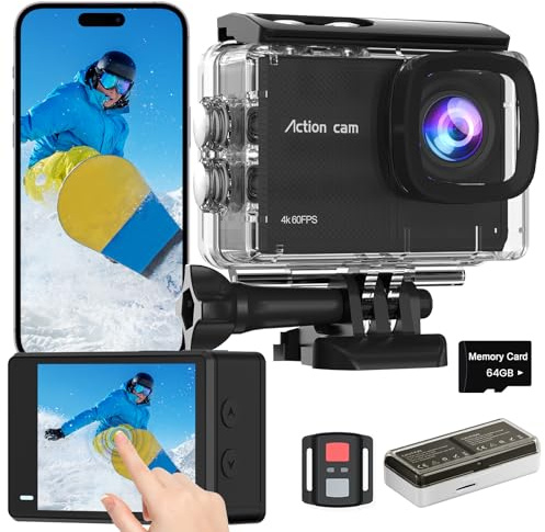 TIMNUT Touchscreen 4K60FPS Action Cam, Unterwasserkamera mit 64G SD Karte 48MP HD WiFi Kamera mit EIS 40M Wasserdicht Actionkameras Weitwinkel 8X Zoom,Sportkamera mit 2 * 1350 mAh Akkus
