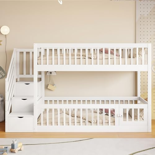 YuQozii Letto a castello 90 x 200 cm, con scala di sicurezza e cassetti, letto singolo in legno con vano portaoggetti per bambini, ragazzi (bianco)