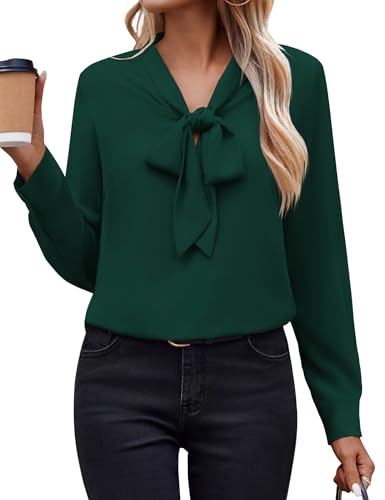 Zeagoo Womens Dressy Tops Chiffon Bow Tie Blouse Business Casual Green Long Sleeve Work Shirts
