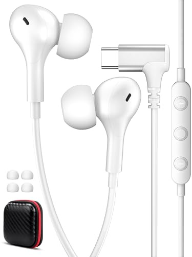 Écouteur USB C Coudé 90 Degrés Magnétique avec Micro pour Pixel 10a 11 9a 8 | Ecouteurs Type C Filaire Casques Intra Auriculaire pour iPhone 17 16 15 pour Samsung A17 A16 A56 S26 pour Honor 600 400 blanc