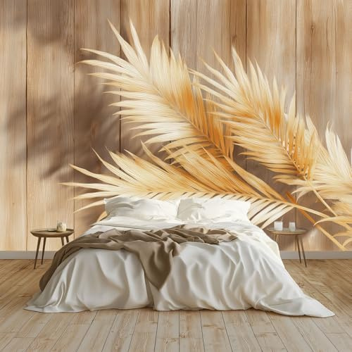 Art Papel Tapiz Fotográfico Pared De Madera Hojas De Palma Papel Pintado no Tejido 350x256 cm Lana Decoración de Pared Sala Cuarto Póster Mural para Sala de estar Dormitorio Decoración, Marrón Claro