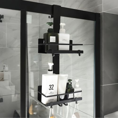Trlyane Étagère de Douche à Suspendre 2 Niveaux, Panier de Douche sans Perçage en Acier au Carbone, Hauteur 66 cm, avec 2 Ventouses et 4 Crochets, pour Porte de Douche jusqu’à 3 cm, Noir