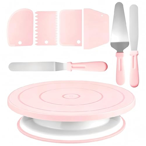 Cake Decorating Kit, 11 Inch Pink Cake Turntable Set | with 3 Frosting Spatulas and 4 Icing Smoothers, Baking Supplies for Buttercream, Fondant, Beginners and Professionals