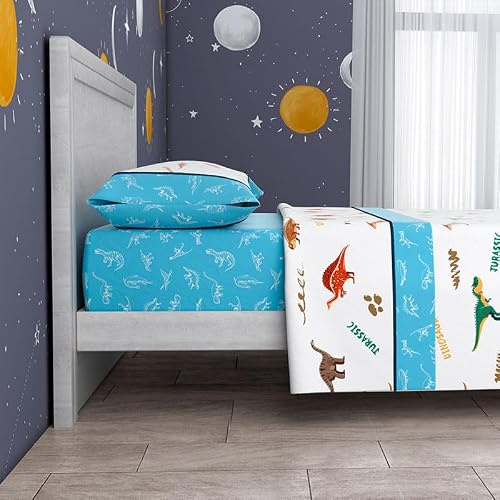 Rufino Díaz Juego Sábanas Verano 3 Piezas Dinosaurios (Azul - 105 cm) - Taco Extra Suave para Adultos e Infantil - Sensación acogedora y de Confort