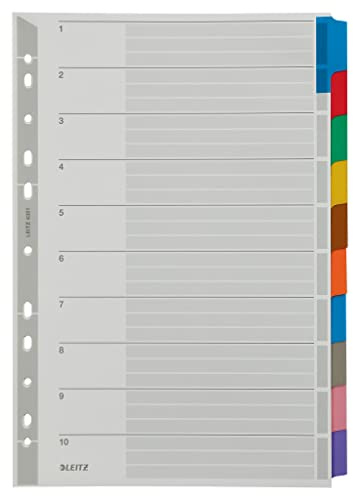 Leitz Ordner Register Blanko, 1-10, Karton, für A4, mit Deckblatt, 10 Trennblätterm, verstärktem Lochrand und bunten Taben, 43210000