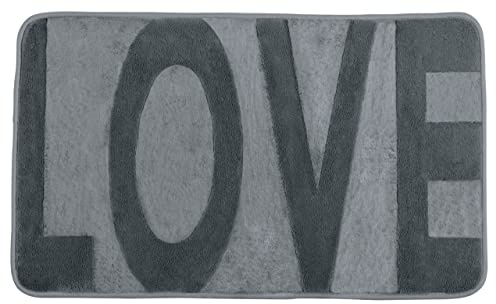 WENKO Badematte Memory, rutschhemmend, flauschiger Badteppich in Grau mit Schriftzug Love für Badezimmer und Gäste-WC, dekorative hochflorige, schwere Oberfläche aus 100% Polyester, 50 x 80 cm Mausgrau