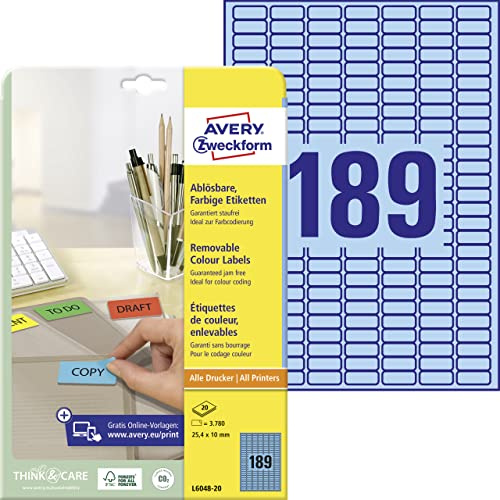 Avery Zweckform Labels 25.4 x 10 mm Removable Inkjet/Laser/Copier Blue