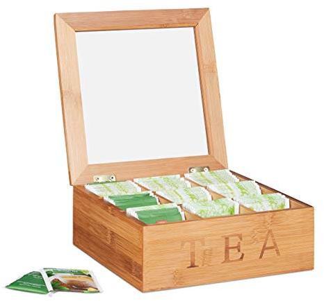 Relaxdays Porta Tè in Bambù, 9 Scomparti, Organizer per Tisane, Quadrato, HLP: 8,5 x 22 x 22 cm ca, Legno Naturale