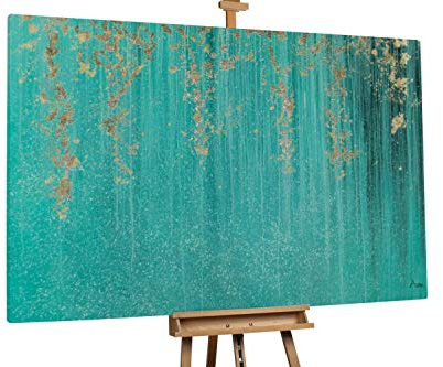 KunstLoft® XXL Gemälde 'Sternenschauer' 180x120cm | original handgemalte Bilder | Kleckse Abstrakt Türkis Gold | Leinwand-Bild Ölgemälde einteilig groß | Modernes Kunst Ölbild