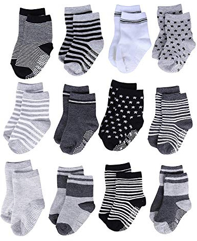 YANWANG 12 Pares de Calcetines de Algodón Antideslizantes Con Agarre para Bebés y Niños Pequeños(3#Star,1-3 años)