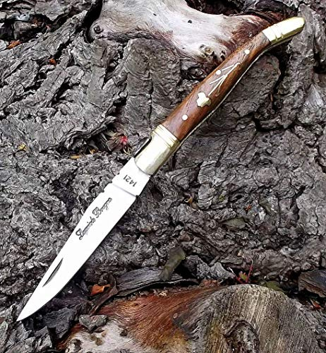Laguiole Artisan 5240 Couteau Poignée en Bois de Rose et en Laiton Motif Fleurs