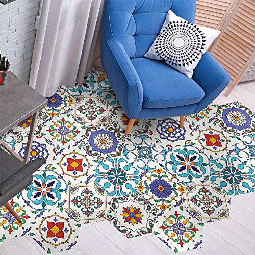 Sticker Sol Carreaux de Ciment pour Sol - Azulejos avec laminat Protection en Plastique Anti-dérapant| Stickers Adhésifs Carrelages Hexagones Ludivina résistant à l'eau -40x90cm - 10 hexagones 20x18cm | Dalle adhésive sol antidérapante, effet carrelage authentique, résistante à l'eau et à l'usure, pose facile sans travaux