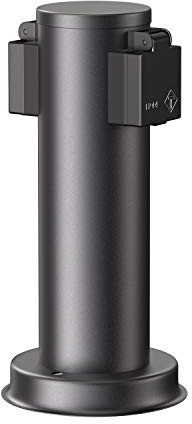 ledscom.de Garden Power Socket Column PORU for Outdoor, Double, Stainless Steel, Black, Round, 27cm