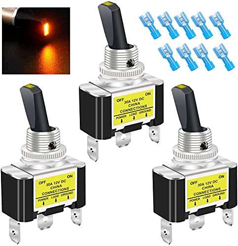 mxuteuk 3 pezzi Interruttore a levetta illuminato a bilanciere 30A 12V DC SPST ON/OFF 3Pin barca automatica auto ，Con luce illuminata a LED giallo