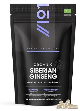 Organic Siberian Ginseng 10,000mg - High Strength Eleutherococcus Senticosus 15:1 Extract - 120 Vegan Capsules – Resealable and Recyclable Pouch by Alpha01
