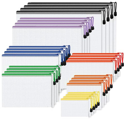 Newthinking Wasserdichte Dokumententasche mit Reißverschluss, 28 Stk, 7 Gr | A6 Dokumententasche inklusive. Größen: A6, A5, A4, B6, B5, B4, 23 cm (je 4 Stück). Netz-Aktenordner für Büro, Schule, Reise