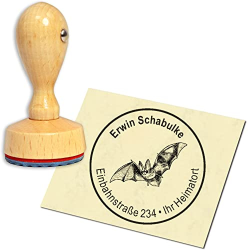 Stempel Adressstempel Holzstempel - fliegende Fledermaus - rund ∅ 40mm personalisiert als Firmenstempel Namensstempel Bürostempel