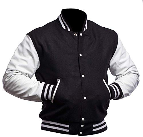 Chaqueta de aviador universitario para hombre, de corte ajustado, estilo americano, de lana y piel sintética, blanco y negro, L