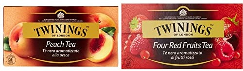 Twinings, Tè Nero Aromatizzato alla Pesca dal Sapore Fresco e Delicato, Infusi e Tisane, Confezione da 25 Filtri & Tè Nero ai Quattro Frutti Rossi, 25 Filtri