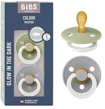 BIBS Colour Symmetrical Glow Schnuller 2er-Pack, BPA-frei. Leuchtet im Dunkeln, Symmetrischer Nippel. Naturkautschuk/Latex, Hergestellt in Dänemark. Größe 1 (0-6 Monate), Sage Glow/Cloud Glow | Symmetrischer Sauger | Naturkautschuklatex | Größe 1 | BPA-frei | Hergestellt in Dänemark | Leuchtring | Hohe Akzeptanz