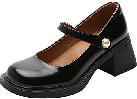 rismart Femme Chunky Plate-Forme Mary Jane Chaussures Bout carré Bretelles Habillé Pompes pour fêtes Mariage Noir,38
