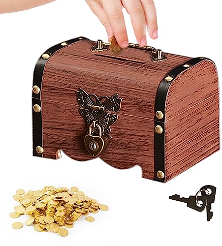 Nizirioo Coffre au Trésor Rétro: Coffre en Bois avec Serrure et 2 Clés, Vintage pour Pièces de Monnaie, 14,5 x 10 x 10 cm
