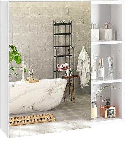 FOREHILL Spiegelschrank, 60x60cm Badezimmerschrank mit Spiegel und 3 verstellbaren Ablagen, Wandschrank, Hängeschrank, weiß