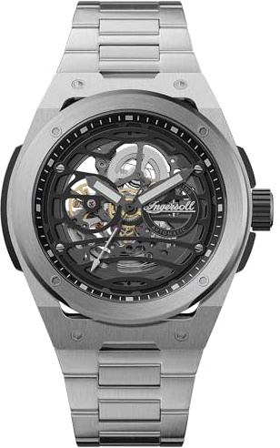 Ingersoll The Springfield 48 mm Automatic Herrenuhr mit schwarzem Skelettziffernblatt und schwarzem Edelstahl Armband