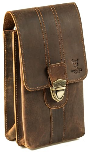 MATADOR Gürteltasche Handy Leder #Malaga XL, Geräumige Handytaschen mit Doppelfach, Elegante Handy Tasche für Smartphone bis 7,5 Zoll, praktisch für Alltag in Braun Hunter