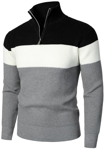 HOOD CREW Men’s Contrast Color Patchwork Jumper 1/4 Zip Knitted Sweater Long Sleeve Tops Black