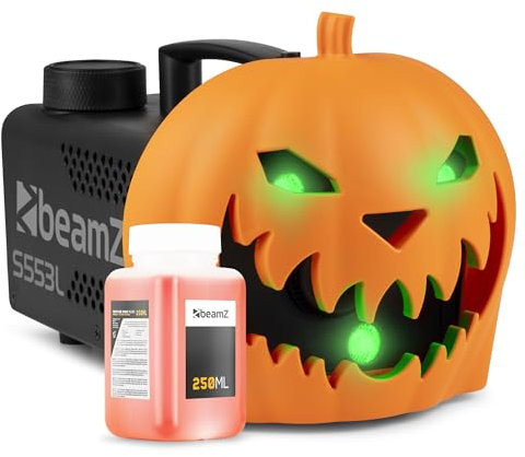 BeamZ S553L Halloween Pumpkin Fog Machine with 250ml Fluid, 3X RGB LEDs, Creepy Sound Effect, Remote Control, Fast 30s Reheat - Perfect Pumpkin Fogger for Spooky Halloween Atmosphere