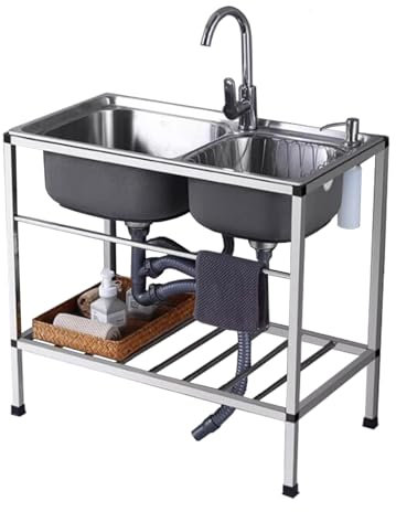 Lavello da garage, lavelli da cucina in acciaio inossidabile Doppia vasca Lavabo di servizio, Lavabo indipendente con rubinetto acqua calda e fredda, Lavabo da incasso per lavanderia in stile fattoria