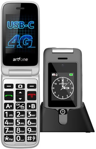 Artfone G6 4G Seniorenhandy ohne Vertrag | SOS Notruftaste, Ladestation, Lautsprecher, Kurzwahl | Einfaches Klapphandy mit Kamera | Deutsches Menü, Doppeldisplay 2,4 + 1,77 Zoll Farbdisplay | Große Ta