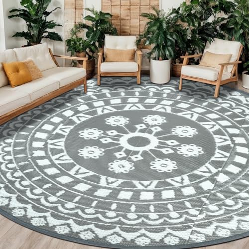 Capslpad Outdoor Teppich Rund 300 cm, Wetterfest Vorzeltteppich Camping Teppiche, Kunststoff Picknickdecke, Leichtgewicht Outdoorteppich für Balkon Picknick Camping Garten Terrasse Strand RV, Grau