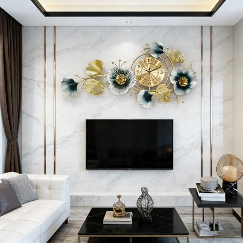 NNYCC Große Wanduhren für das Wohnzimmer batteriebetriebene stille horizontale Wanduhr, Moderne Metall 3D Art Decor Uhr für Schlafzimmer Büro Shop Innenwand,Gold
