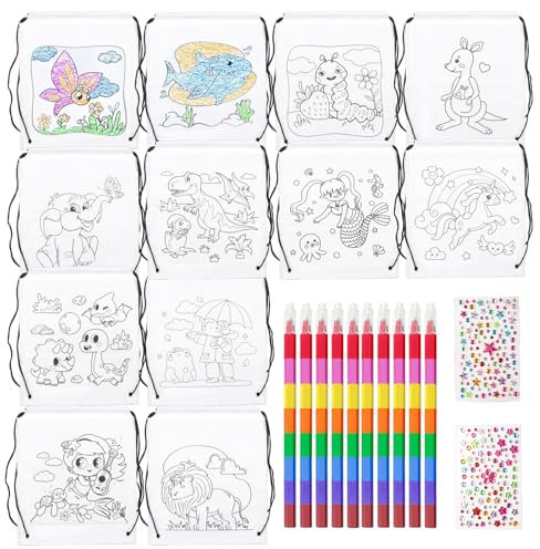 RtottiM 12 Stoffbeutel zum Bemalen für Kinder,Färbbare Beutel mit Kordelzug für Kinder,Taschen zum Bemalen,DIY Graffiti Non-Woven Stoffbeutel,mit 10 Stapelbare Wachsmalstifte und 2 Diamantaufkleber