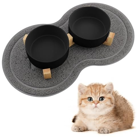 Zosenyer Gamelle Chat Surélevée avec Support, 400ML Gamelle Eau Chat, Tapis Chien Design à Double Bols, Idéal pour Les Chiots et Les Chats (Noir)