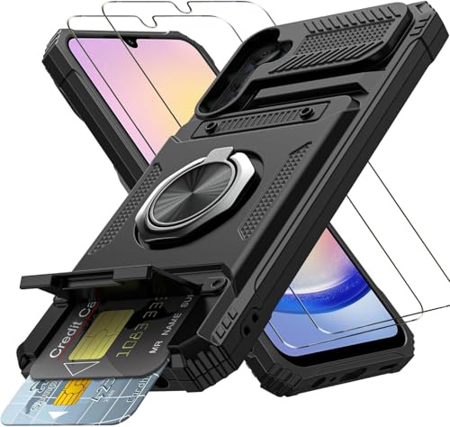 PIXFAB for Samsung Galaxy S25 Shockproof Case with 360° Rotating Ring Holder, Hidden Card Slot & 2 Screen Glass Protector | Heavy Duty Protection | Kickstand & Magnetic Car Mount Compatible - Black