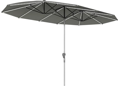 Outsunny Doppelsonnenschirm mit Solar LED Lichtern 451x267 cm Aluminium UV 50+ Sonnenschirm mit Handkurbel Fiberglasstreben, Balkonschirm windfest Marktschirm Sonnenschutz für Balkon Garten Dunkelgrau