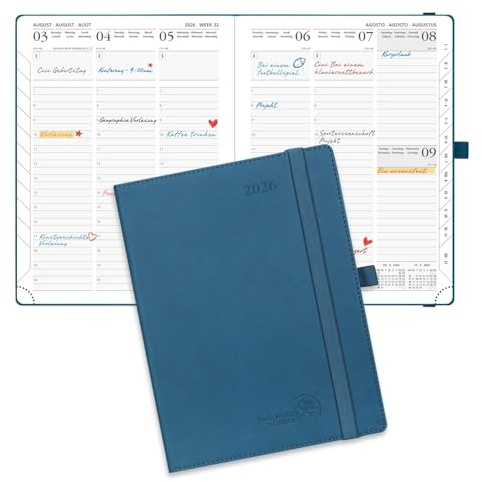POPRUN Kalender 2026 Vertikal 22 x 16,5 cm, Mjukt Omslag, Planner 2026 med Månadsflikar, Veganläder och 100 GSM Tjockt Papper, Nattblå
