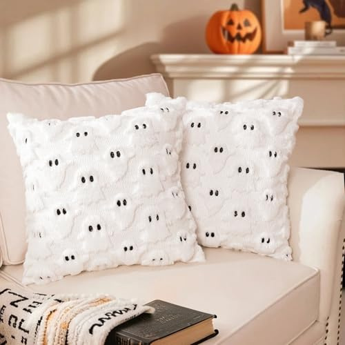 Yhoelata Halloween Geist Kissenbezüge 2er-Set, Herbstlicher Weiß Deko Kissenbezug Kissenhülle Dekorative Zierkissen Sofakissen Couchkissen Dekokissen Deko Kissenhülle für Sofa Wohnzimmer 45x45cm