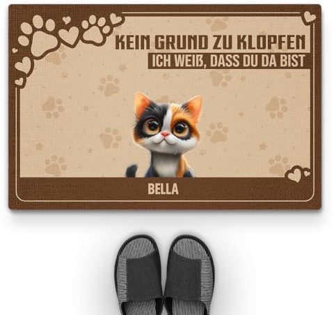 Geschenke Mall Personalisierte Fussmatte - Kein Grund Zu Klopfen Wir Wissen DASS Du Da Bist - Fussmatte Mit Namen, Fussmatte Selbst Gestalten, Fussmatte Katzen Personalisiert (1 Katze)