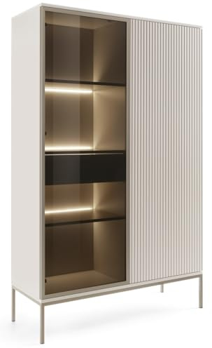 Emporius Daveno Vitrinenschrank 100 cm, Glasvitrine Stehend - Highboard, Vitrine, Glasvitrine Beige mit LED und Lamellen - 166 cm hoch