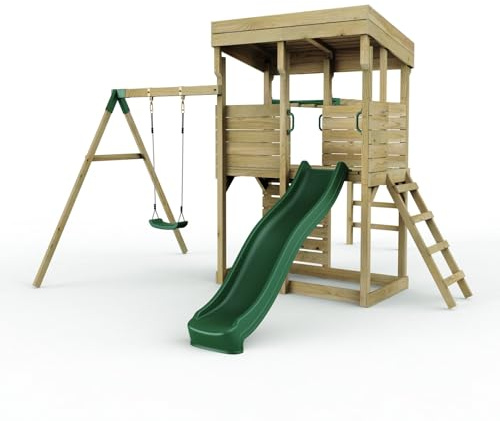 Rebo XL Lookout Tower Playhouse with Single Swing and Monkey Bars | with 6ft Slide | Ladder | Pressure Treated Timber, Safe for Children | OutdoorToys | Climbing Wall |