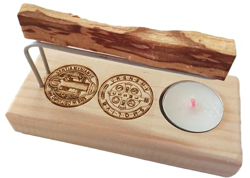 YA-DECOREGALOS Quemador Artesanal para Santo, inciensos o Atados, con Base de Madera Natural, Varillas metalicas. Medalla DE San Benito. Protector. Incluye Palo Santo y velita de té.