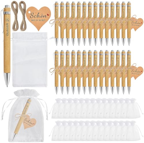 TZEKING 30 Sets Glücksstift Kugelschreiber Holz, Gastgeschenke Hochzeit Holz mit Karte Organza-Beutel, Abschiedsgeschenk für Kollegen Erzieherin Lehrer, Dankeschön Geschenke Kommunion Taufe Geburtstag
