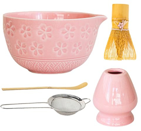 Matcha-set med matkavis, 5-delad japansk matcha-teservis med Matcha-skål, Matcha-teset, matcha kvast set med bambuspade, matcha sil, för hushållet för matcha älskare (rosa)