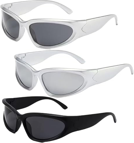SIXHAOBU 3 Pièces Lunette de Soleil Sport pour Homme Femme,Vintage Lunette de Soleil, Mode Lunette Techno, Lunette Soleil Y2K Enveloppant, Lunette de Cyclisme